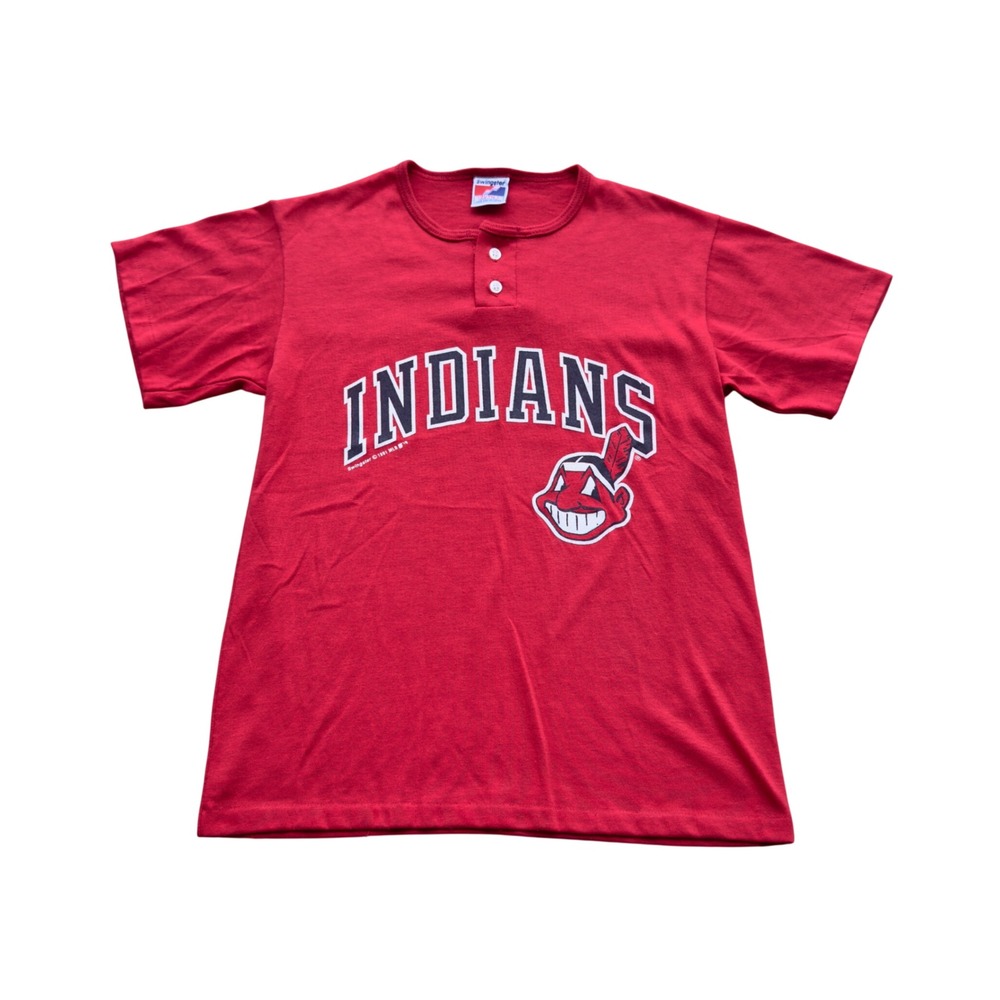 Vtg 1991 Cleveland Indians Swingster Henley Youth L Red MLB Chief Wahoo